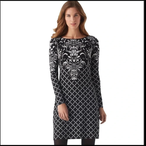 White House Black Market White and Black Scroll Pattern Jersey Dress, Size XS - Picture 2 of 8